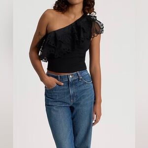 Express Ribbed Eyelet Ruffle One Shoulder Cropped Black Tank - Womens Size Large
